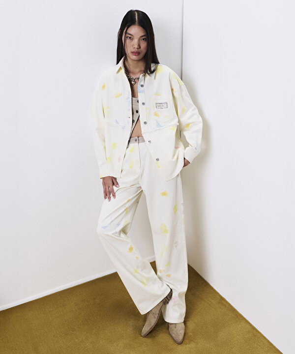 GÖRSEL BASKILI WIDE LEG PANTOLON-TS1260003125082-Krem-Pantolon