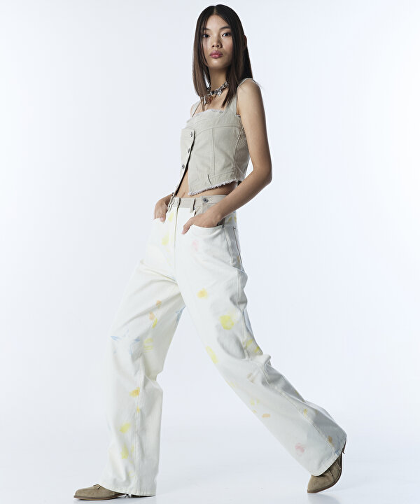 GÖRSEL BASKILI WIDE LEG PANTOLON-TS1260003125082-Krem-Pantolon