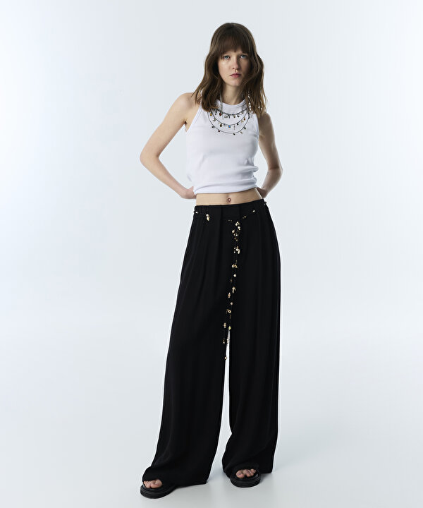 BONCUKLU KUŞAKLI WIDE LEG PANTOLON-TS1260003182001-Siyah-Pantolon