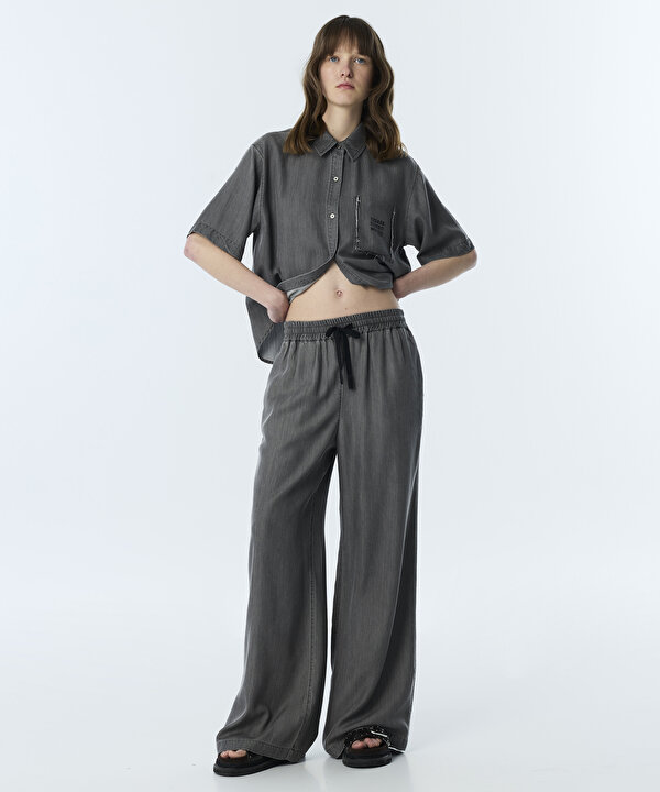 KONTRAST KORDONLU WIDE LEG PANTOLON-TS1260003260005-Gri-Pantolon
