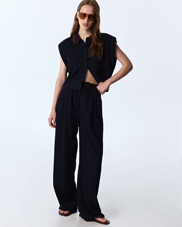 KONTRAST BEL WIDE LEG PANTOLON-TS1260003384015-Lacivert-Pantolon