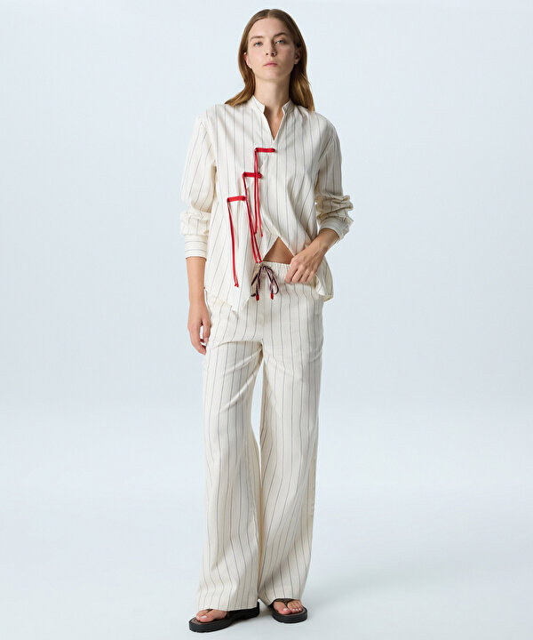 ÇİZGİLİ WIDE LEG PANTOLON-TS1260003418002-Beyaz-Pantolon