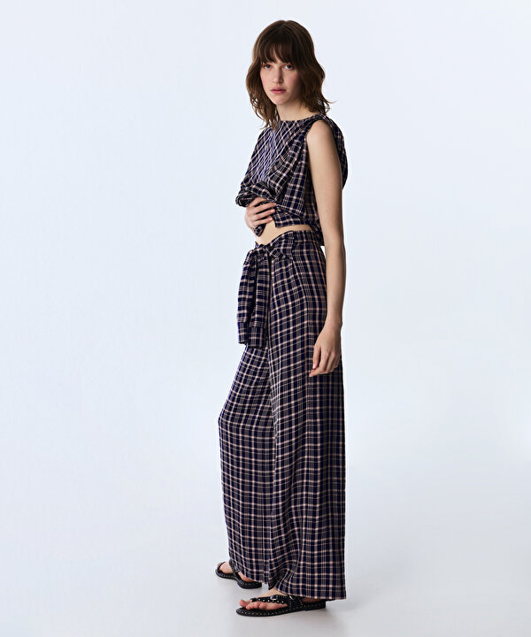 BELDEN BAĞLAMALI WIDE LEG PANTOLON-TS1260003419015-Lacivert-Pantolon
