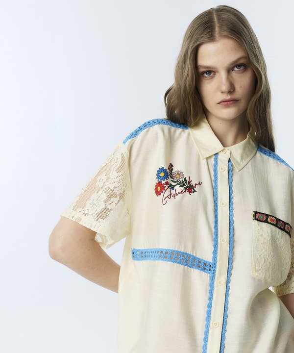 FLORAL BASKILI DANTEL MIX GÖMLEK-TS1260025181AD4-Açık Natürel-Gömlek